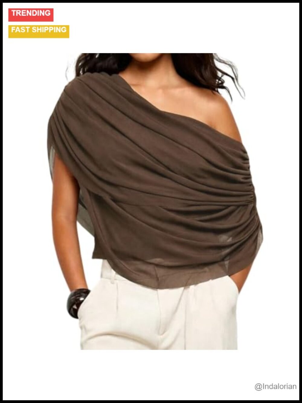 Women Off Shoulder Chiffon Mesh Half Cape Sleeve Draped Ruched Fitted Top